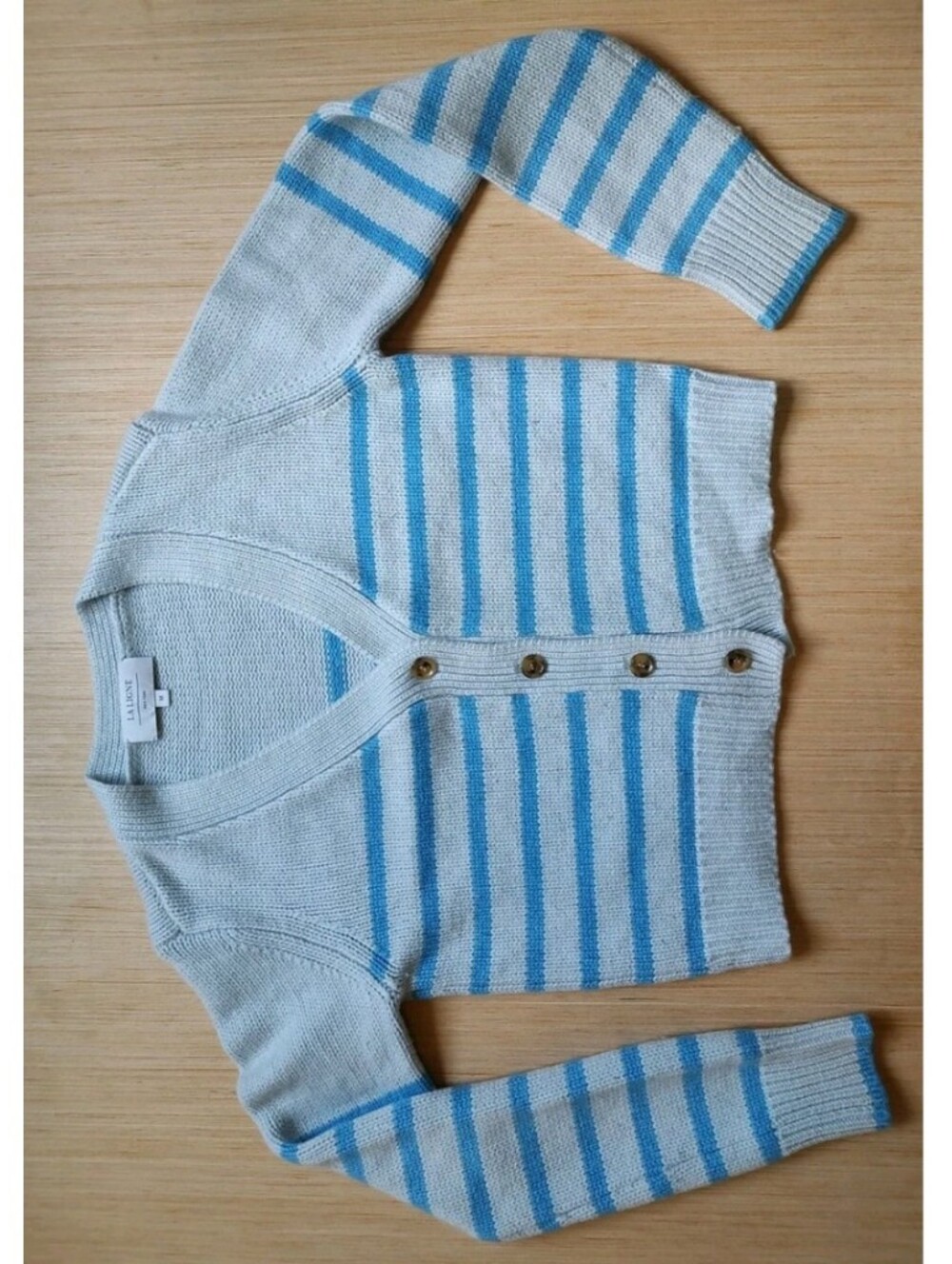 LA Ligne Mini Marin Striped Cardigan Wool Cashmere Blue Buttons Chunky Crop M - Picture 6 of 16